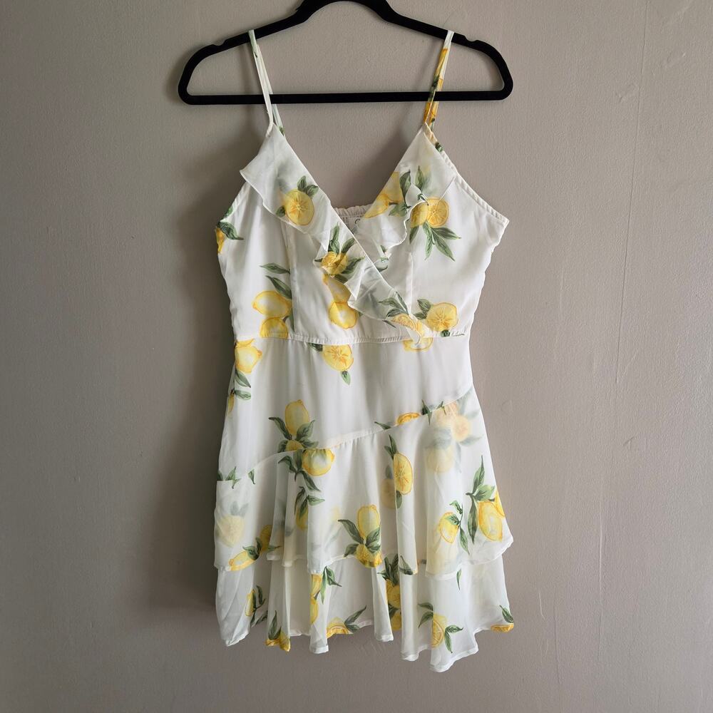 Japna Teens L Lemon Print Chiffon Tiered Ruffle Mini Dress Sleeveless Summer